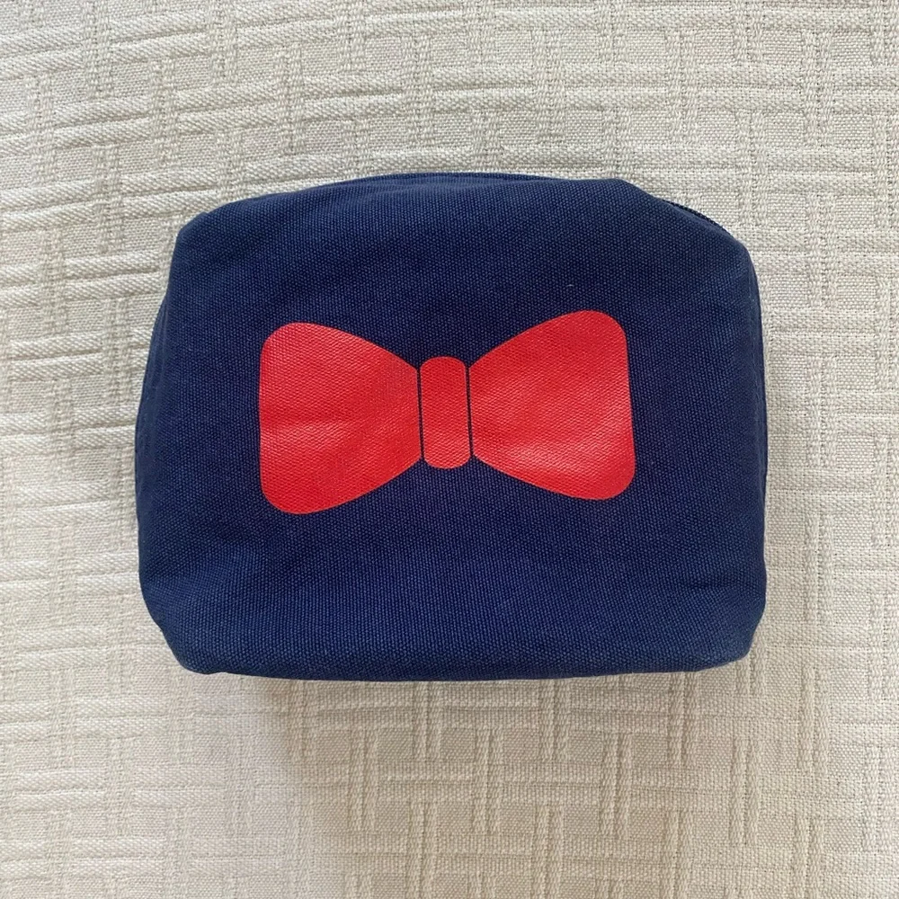 Navy & red printed bow coquette whimsical canvas pouch make up bag